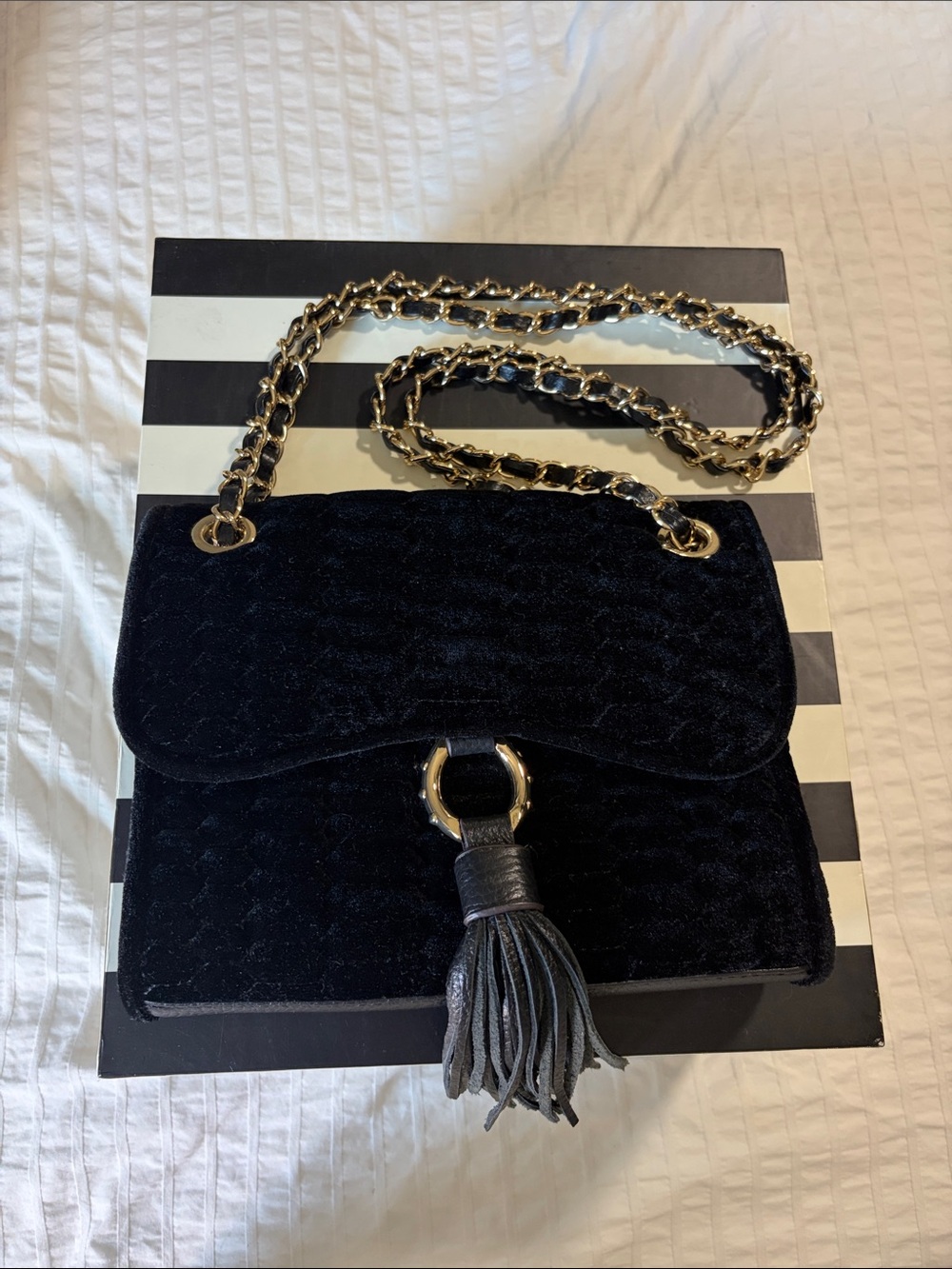Aimee Kestenberg Black Velvet Shoulder Bag with Gold Chain & Tassel